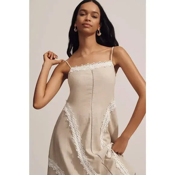 NWT Anthropologie Linen Blend Sleeveless Square-Neck Midi Dress $198 X-LARGE Tan - Picture 2 of 4